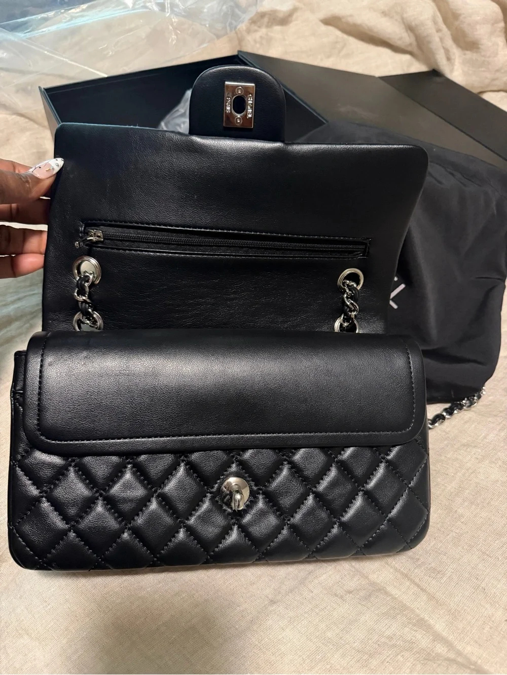 Classic Quilted Caviar Leather Double Flap Bag in Black (Medium size)